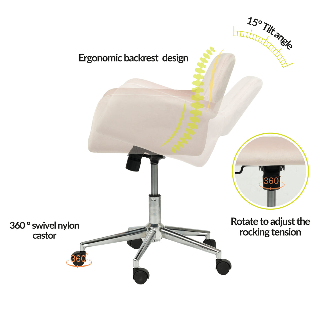 Chaise de bureau FurnitureR, chaise de coiffeuse mi-haute en velours avec roulettes, chaise réglable pour salon, chambre, bureau, rose poudré