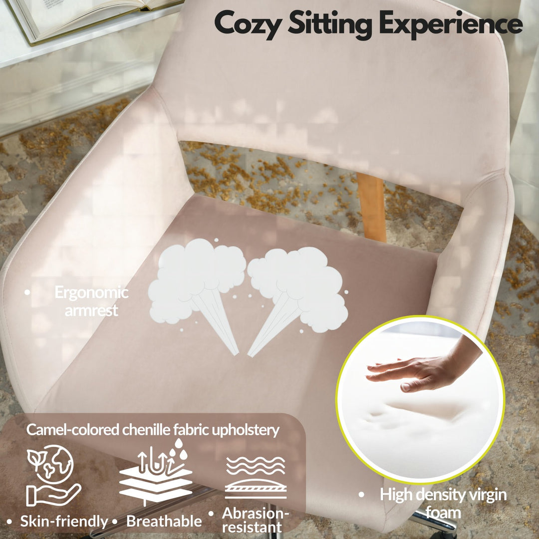 Chaise de bureau FurnitureR, chaise de coiffeuse mi-haute en velours avec roulettes, chaise réglable pour salon, chambre, bureau, rose poudré