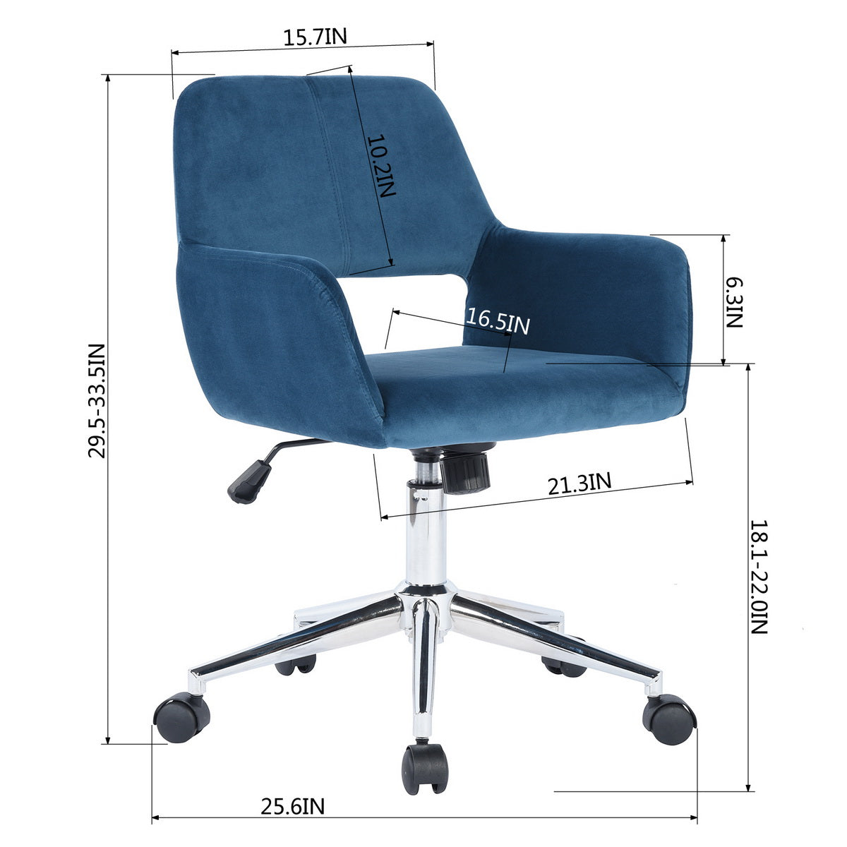 Chaise de bureau FurnitureR, dossier mi-haut en velours avec roulettes, chaise de travail réglable pour salon, chambre, bureau, bleu foncé