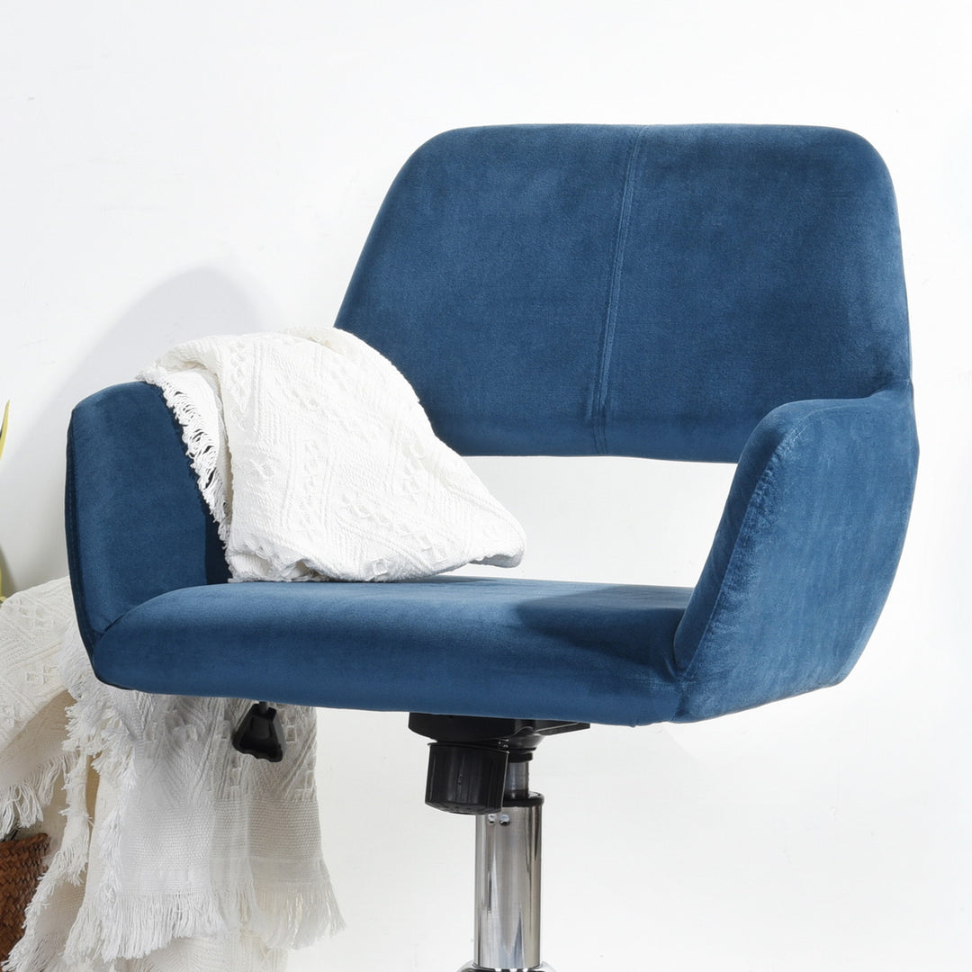 Chaise de bureau FurnitureR, dossier mi-haut en velours avec roulettes, chaise de travail réglable pour salon, chambre, bureau, bleu foncé