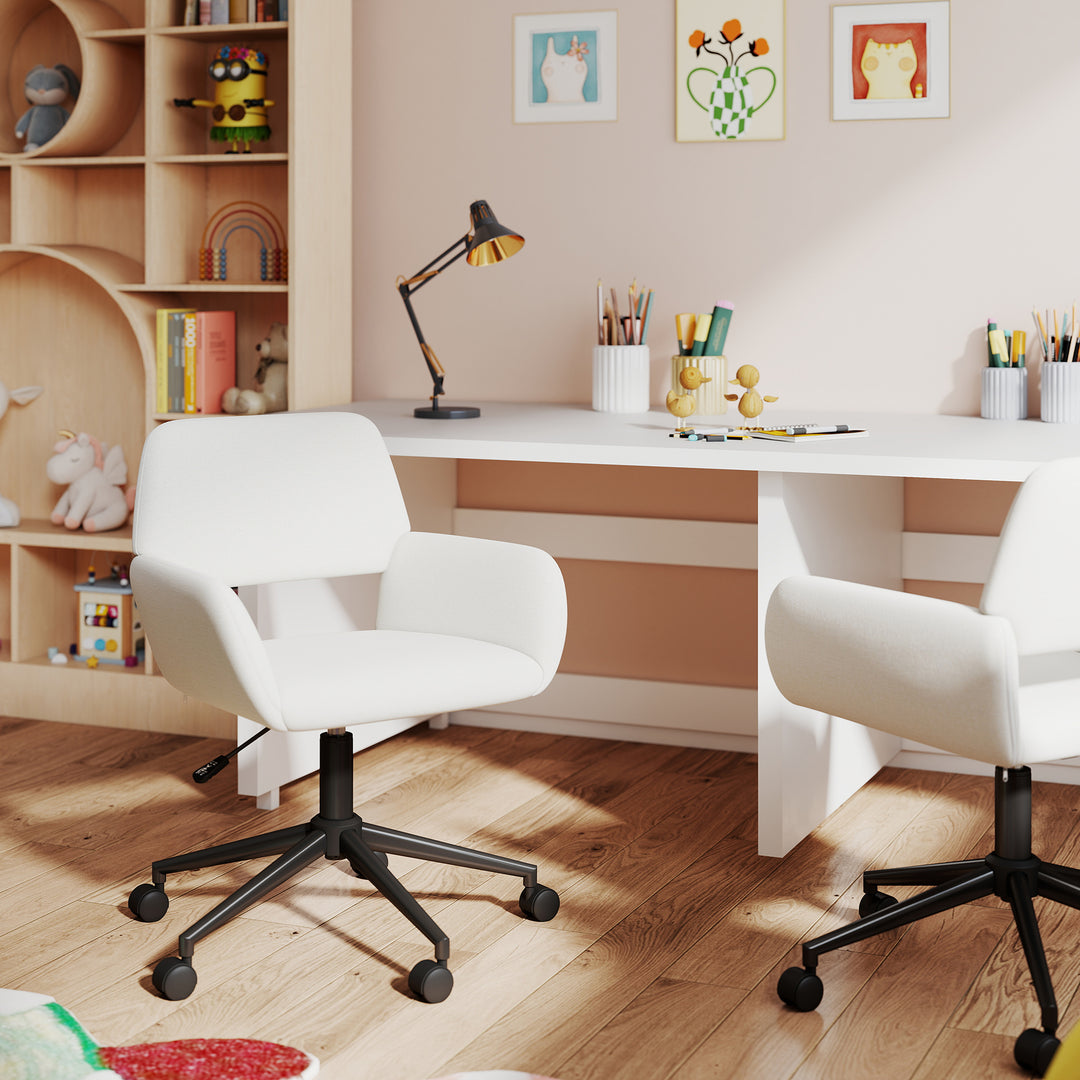 Chaise de bureau FurnitureR, chaise de coiffeuse rembourrée en tissu avec roulettes, chaise de bureau réglable à dossier mi-haut pour salon, blanche