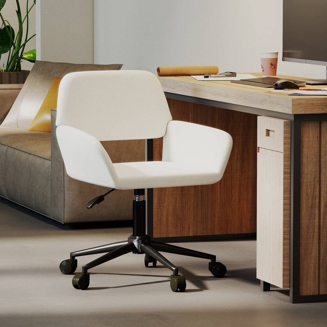 Chaise de bureau FurnitureR, chaise de coiffeuse rembourrée en tissu avec roulettes, chaise de bureau réglable à dossier mi-haut pour salon, blanche