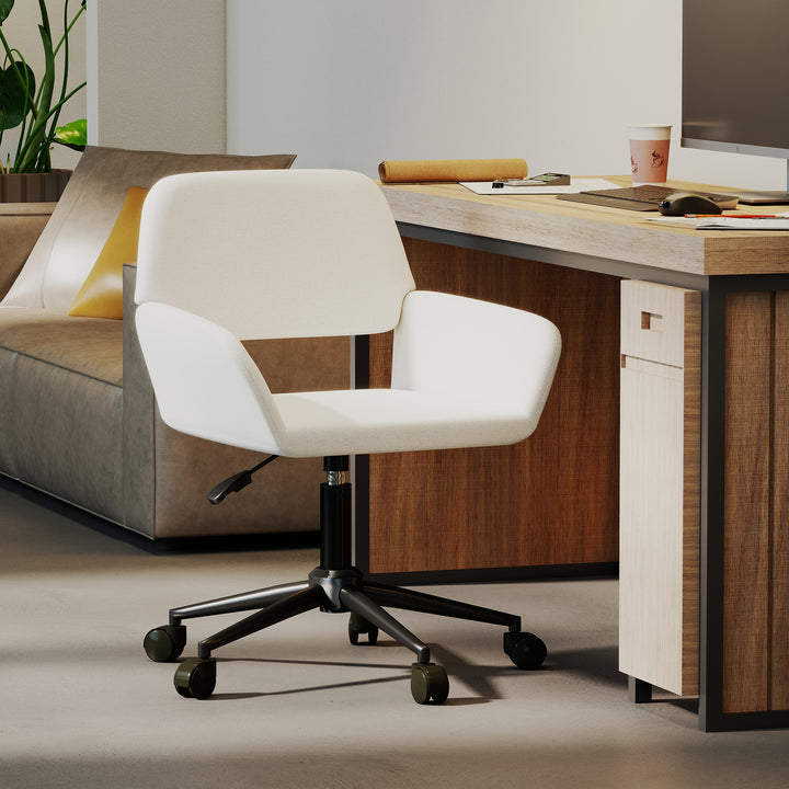 Chaise de bureau FurnitureR, chaise de coiffeuse rembourrée en tissu avec roulettes, chaise de bureau réglable à dossier mi-haut pour salon, blanche