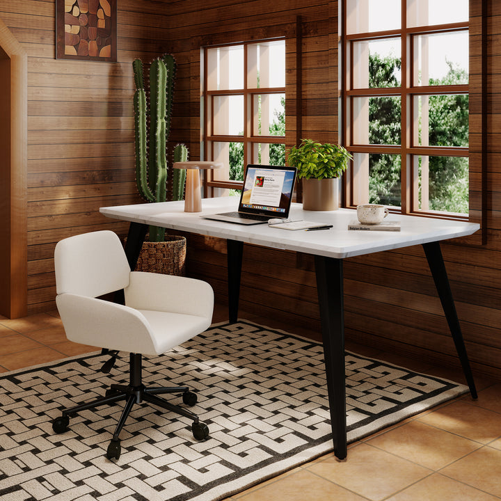 Chaise de bureau FurnitureR, chaise de coiffeuse rembourrée en tissu avec roulettes, chaise de bureau réglable à dossier mi-haut pour salon, blanche