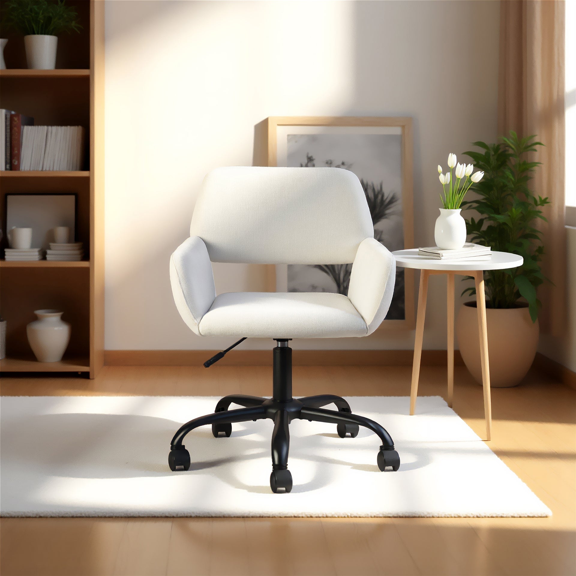 Chaise de bureau FurnitureR, chaise de coiffeuse rembourrée en tissu avec roulettes, chaise de bureau réglable à dossier mi-haut pour salon, blanche