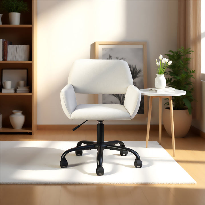 Chaise de bureau FurnitureR, chaise de coiffeuse rembourrée en tissu avec roulettes, chaise de bureau réglable à dossier mi-haut pour salon, blanche