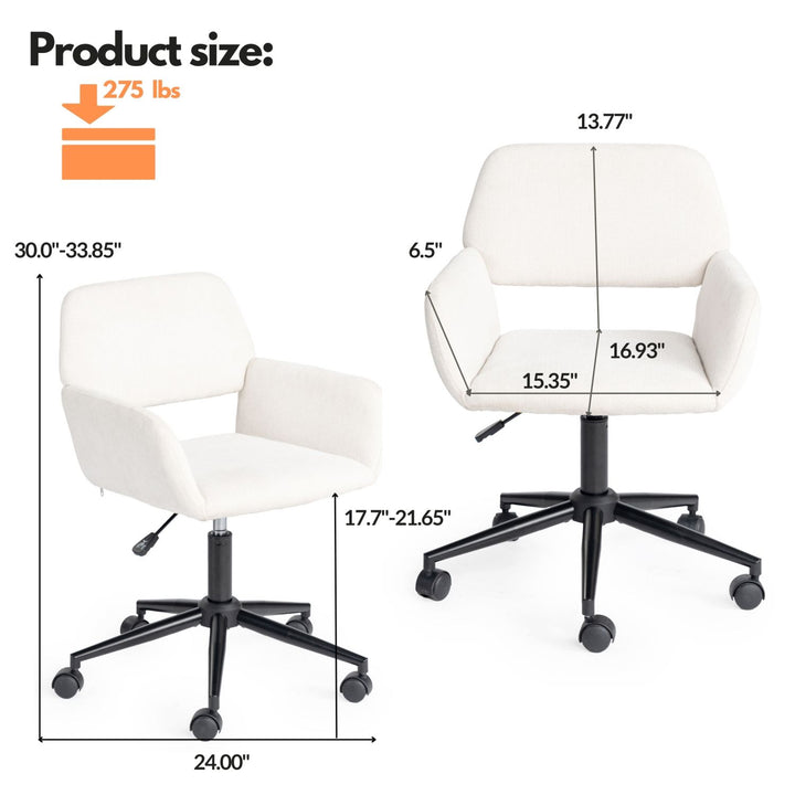 Chaise de bureau FurnitureR, chaise de coiffeuse rembourrée en tissu avec roulettes, chaise de bureau réglable à dossier mi-haut pour salon, blanche