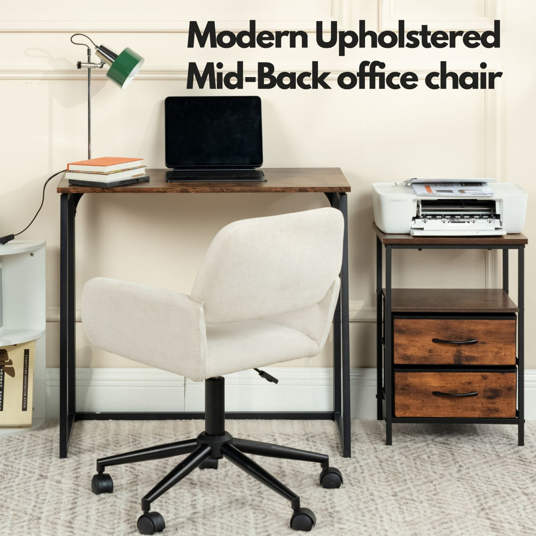 Chaise de bureau FurnitureR, chaise de coiffeuse rembourrée en tissu avec roulettes, chaise de bureau réglable à dossier mi-haut pour salon, blanche