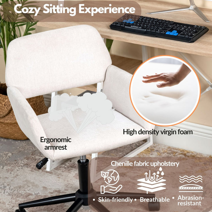 Chaise de bureau FurnitureR, chaise de coiffeuse rembourrée en tissu avec roulettes, chaise de bureau réglable à dossier mi-haut pour salon, blanche