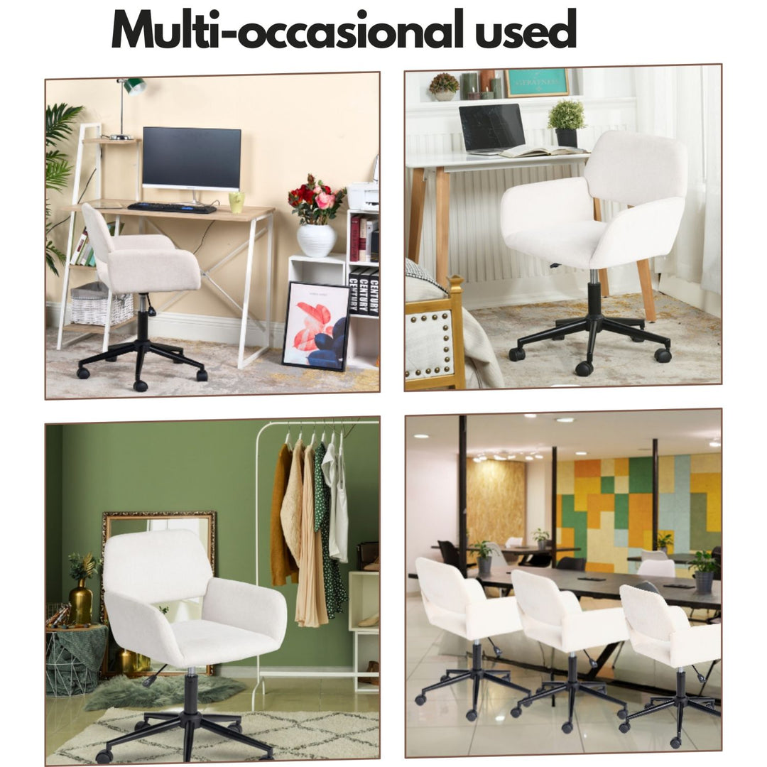 Chaise de bureau FurnitureR, chaise de coiffeuse rembourrée en tissu avec roulettes, chaise de bureau réglable à dossier mi-haut pour salon, blanche
