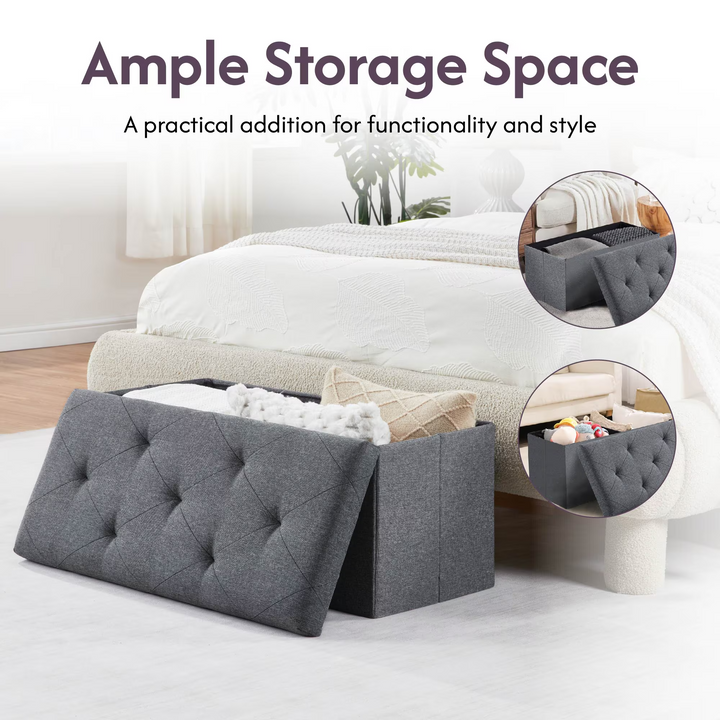 FurnitureR Foldable Storage Ottoman Bench, 30.3" Linen Fabric Tufted Ottoman with Storage, Ottoman for Bedroom Living Room, Footrest Seat with Storage
