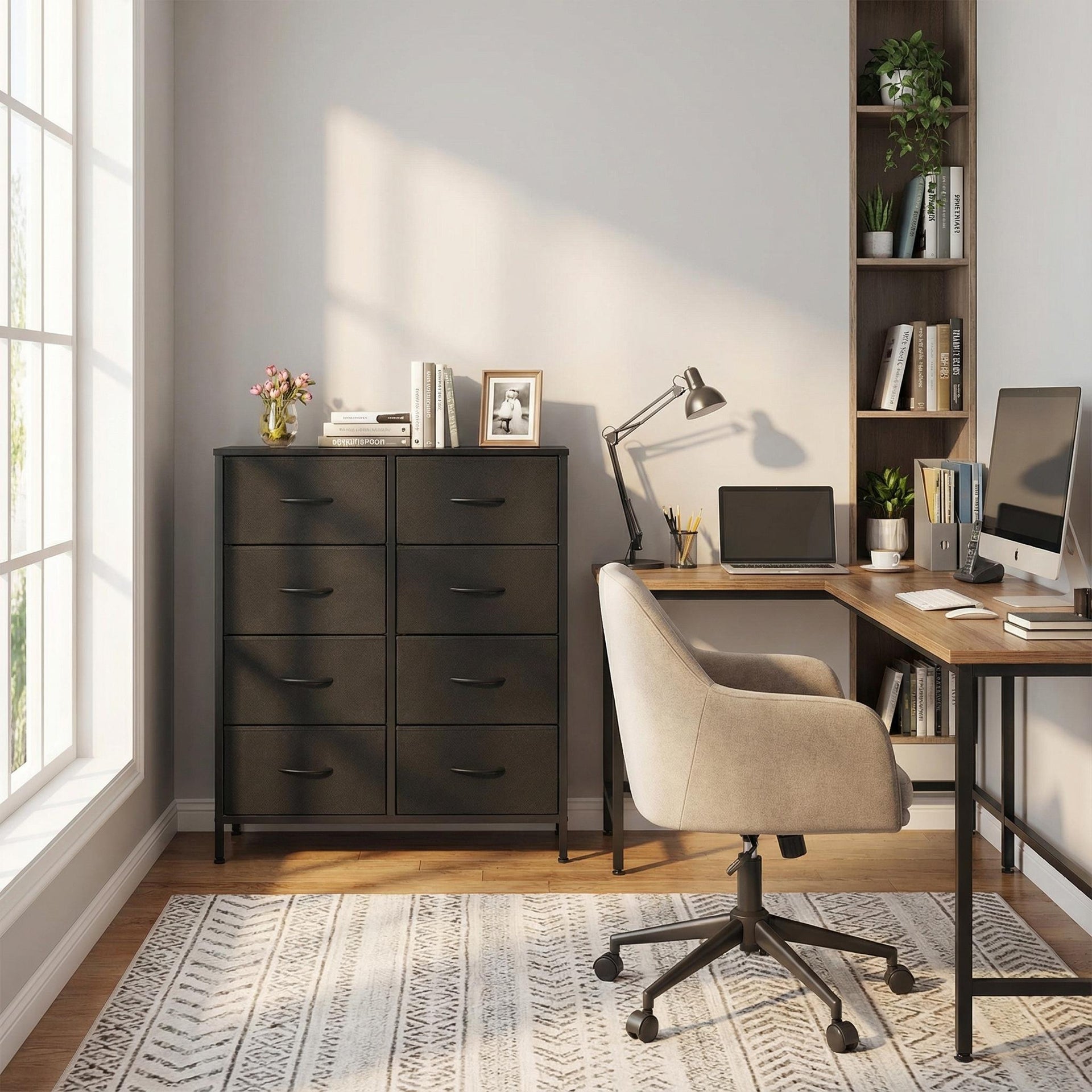 Ocreate FurnitureR Armoire de Bureau 8 Tiroirs Bois et Métal Gris Foncé