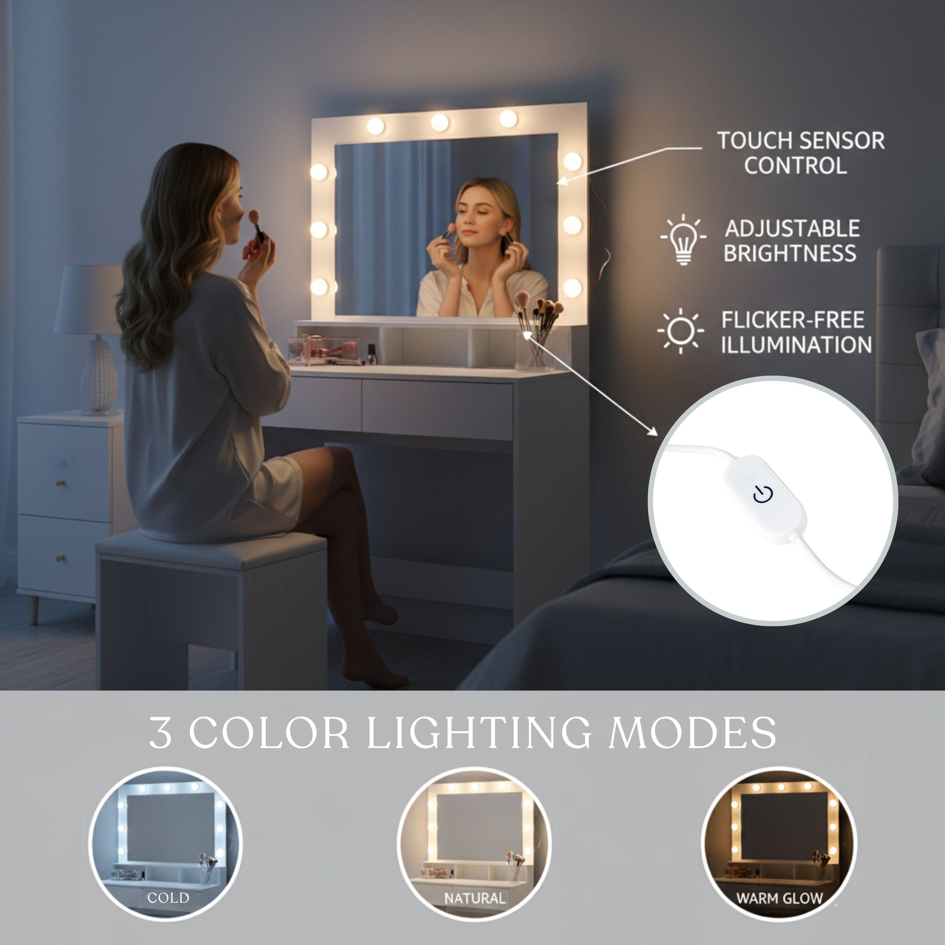 Classicising FurnitureR Coiffeuse avec Miroir et Tabouret, Blanc Brillant, MDF, Éclairage LED, 2 Tiroirs