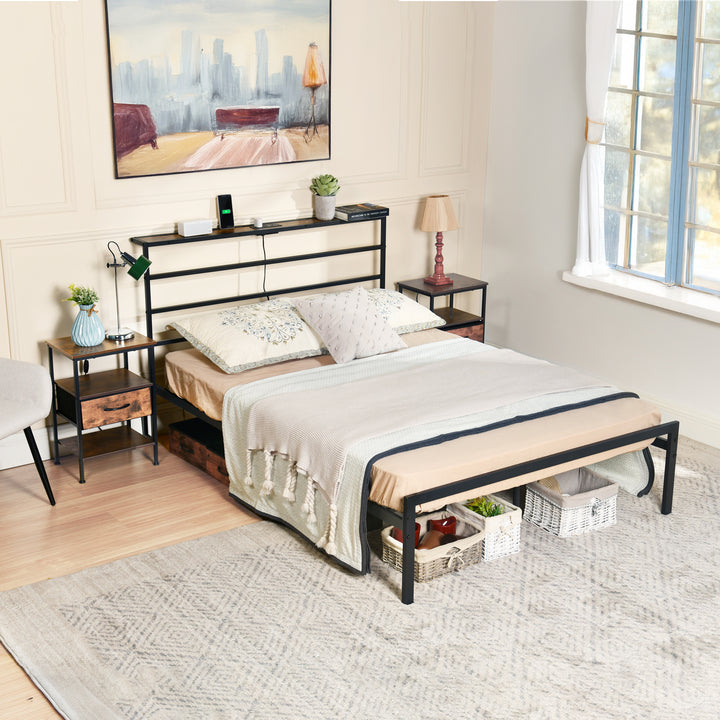 FurnitureR Metallbettgestell (140 x 200 cm) mit LED-Beleuchtung und Ladestation, Kopf- und Fußteil aus Eisen, Ablagefächern und Stauraum unter dem Bett