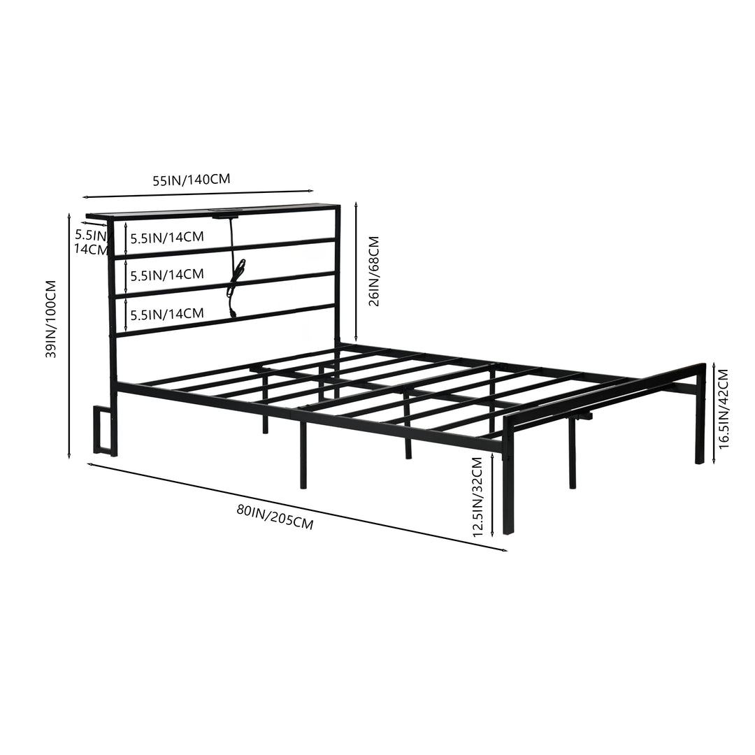 FurnitureR Metallbettgestell (140 x 200 cm) mit LED-Beleuchtung und Ladestation, Kopf- und Fußteil aus Eisen, Ablagefächern und Stauraum unter dem Bett