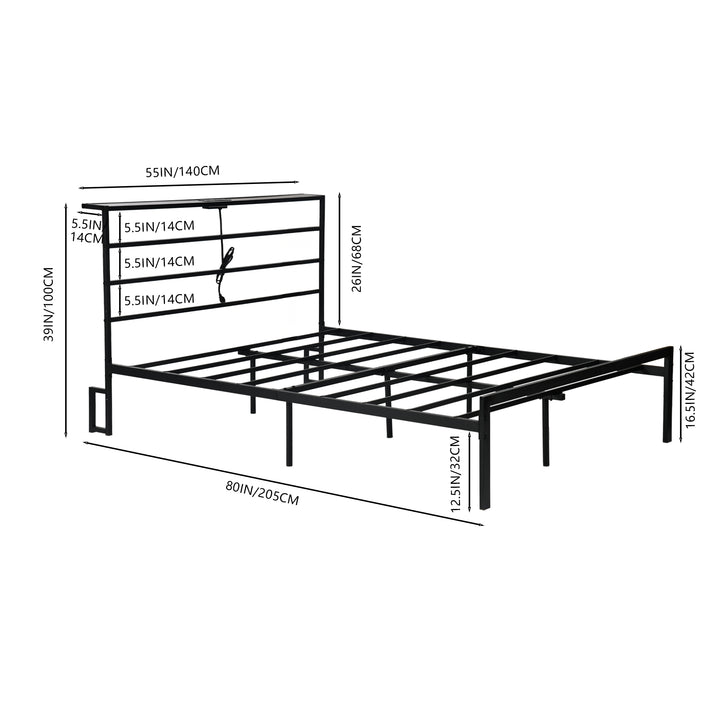 FurnitureR Metallbettgestell (140 x 200 cm) mit LED-Beleuchtung und Ladestation, Kopf- und Fußteil aus Eisen, Ablagefächern und Stauraum unter dem Bett