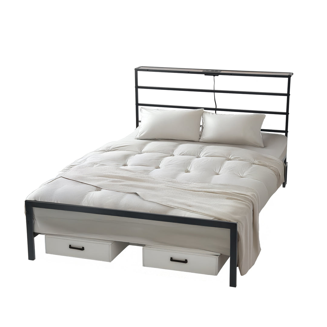 FurnitureR Metallbettgestell (140 x 200 cm) mit LED-Beleuchtung und Ladestation, Kopf- und Fußteil aus Eisen, Ablagefächern und Stauraum unter dem Bett