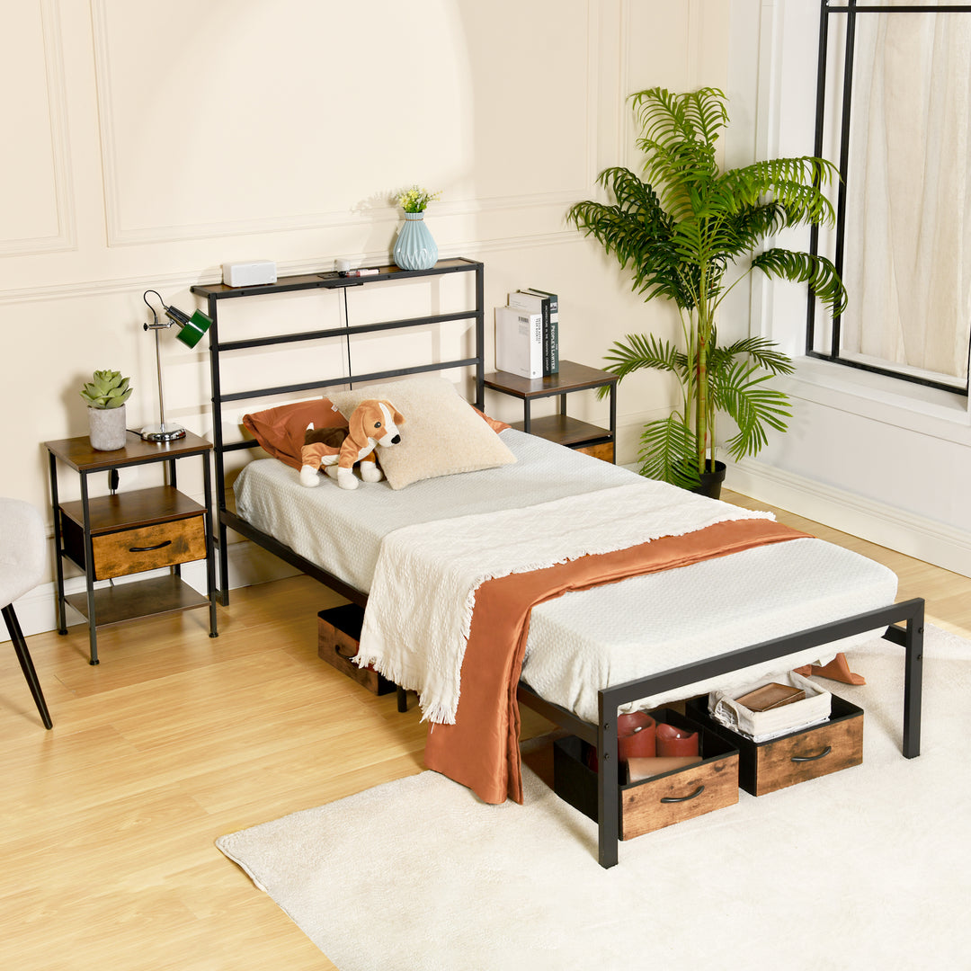 Cadre de lit en métal FurnitureR pour lit simple avec éclairage LED et station de recharge, sommier, tête et pied de lit Iron-Art, étagères de rangement, noir