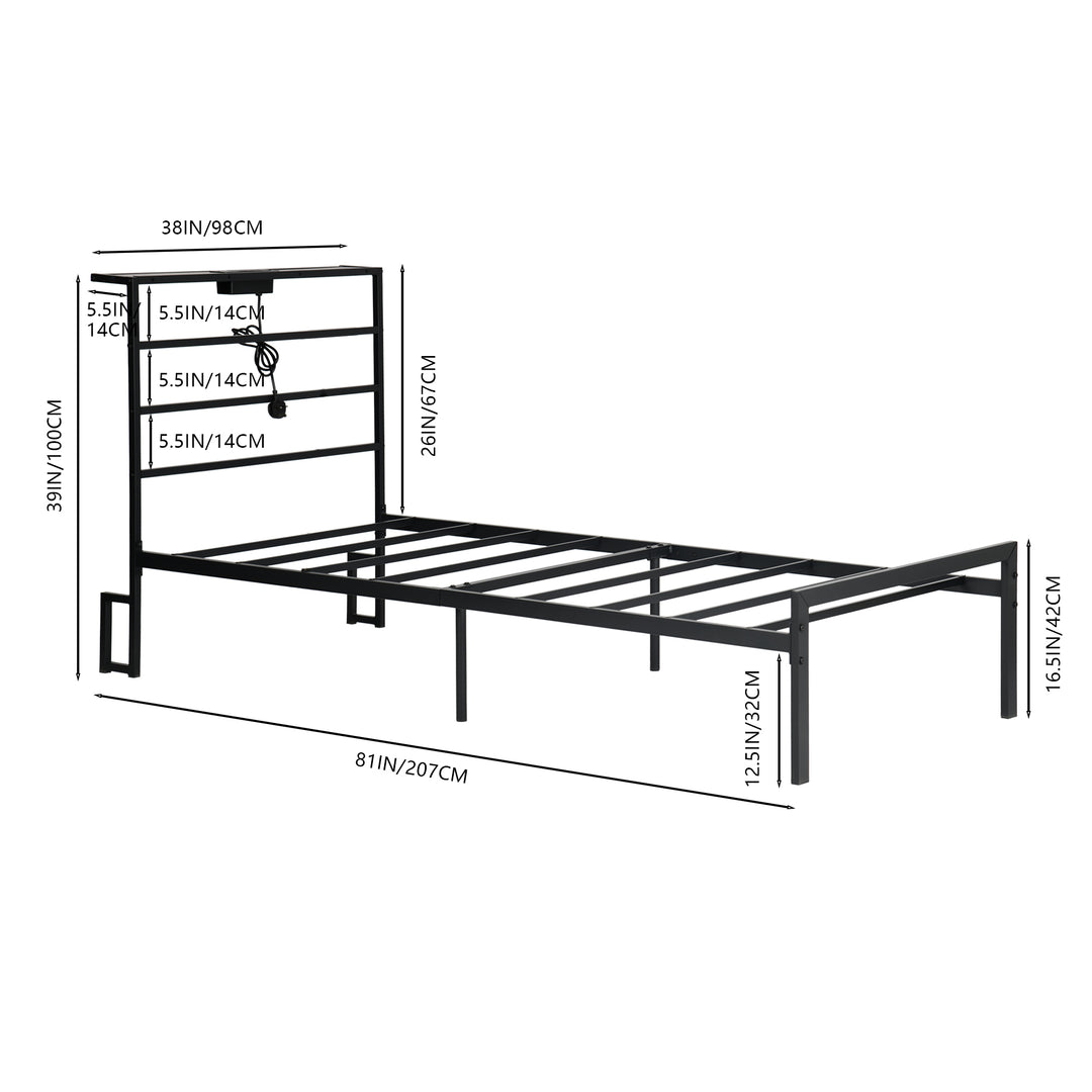 Cadre de lit en métal FurnitureR pour lit simple avec éclairage LED et station de recharge, sommier, tête et pied de lit Iron-Art, étagères de rangement, noir