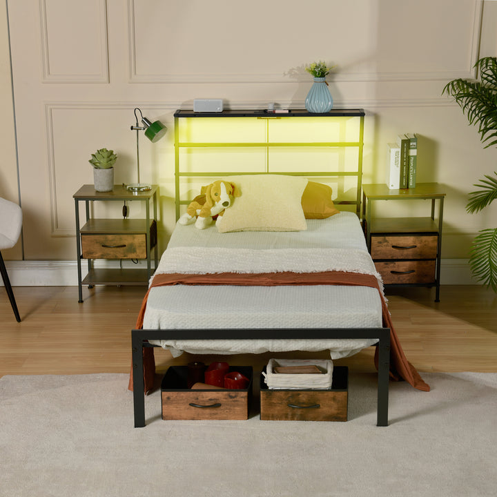 Cadre de lit en métal FurnitureR pour lit simple avec éclairage LED et station de recharge, sommier, tête et pied de lit Iron-Art, étagères de rangement, noir