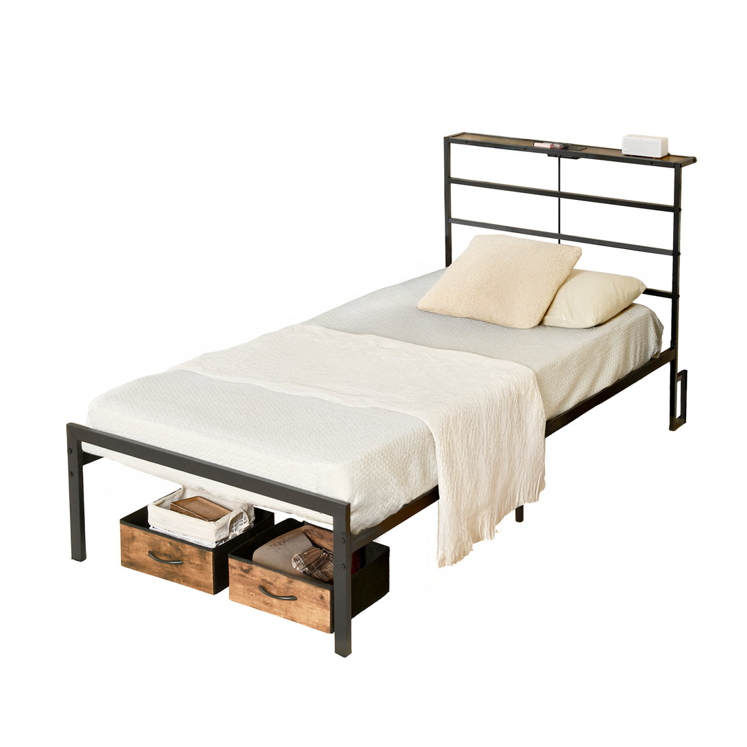 Cadre de lit en métal FurnitureR pour lit simple avec éclairage LED et station de recharge, sommier, tête et pied de lit Iron-Art, étagères de rangement, noir