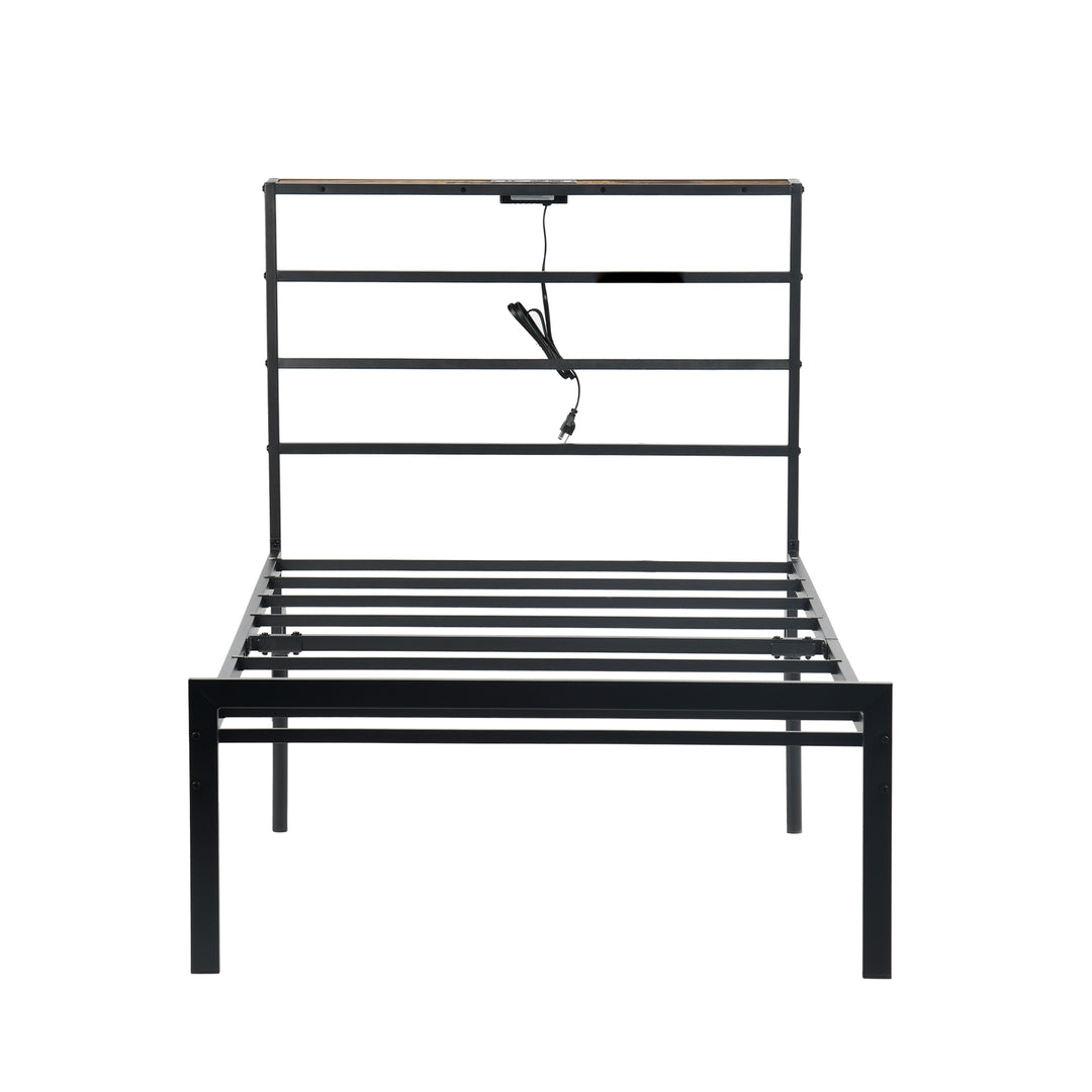 Cadre de lit en métal FurnitureR pour lit simple avec éclairage LED et station de recharge, sommier, tête et pied de lit Iron-Art, étagères de rangement, noir