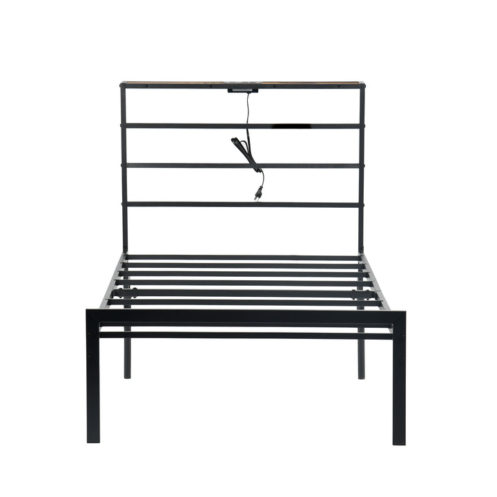 Cadre de lit en métal FurnitureR pour lit simple avec éclairage LED et station de recharge, sommier, tête et pied de lit Iron-Art, étagères de rangement, noir