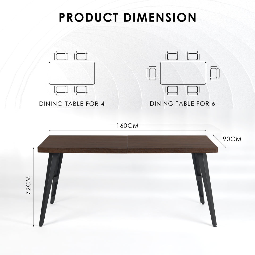 FurnitureR 150 cm Rectangular Living Room and Kitchen Table, Suitable for 6-8 People, Vintage Brown Wood Tray with Bevelled Edge and Flat Iron Legs, 150 x 80 x 74 cm