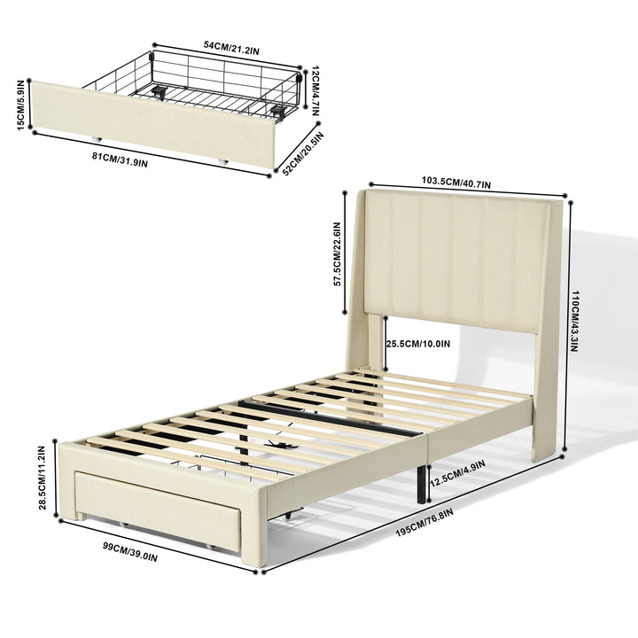 FurnitureR Twin Bed Frame, Small Upholstered Bed Twin Size, Fabric Headboard, Metal Platform, Wooden Slats Support, Upholstered Mattress, Beige