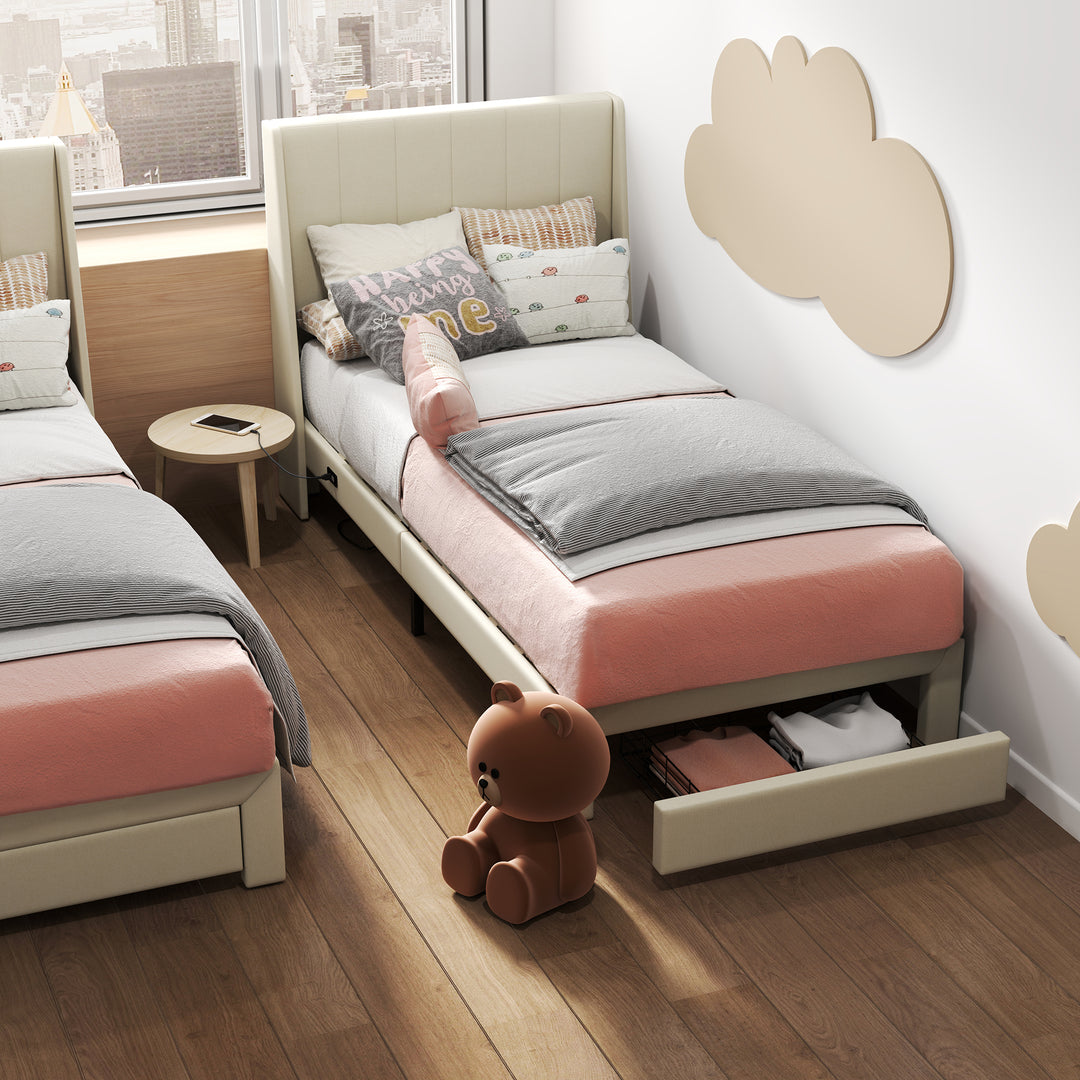 FurnitureR Twin Bed Frame, Small Upholstered Bed Twin Size, Fabric Headboard, Metal Platform, Wooden Slats Support, Upholstered Mattress, Beige