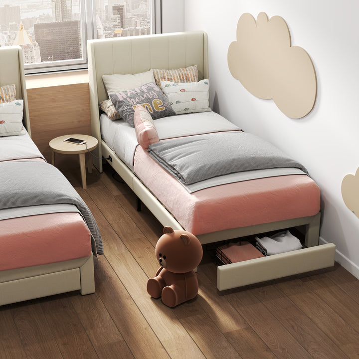 FurnitureR Twin Bed Frame, Small Upholstered Bed Twin Size, Fabric Headboard, Metal Platform, Wooden Slats Support, Upholstered Mattress, Beige