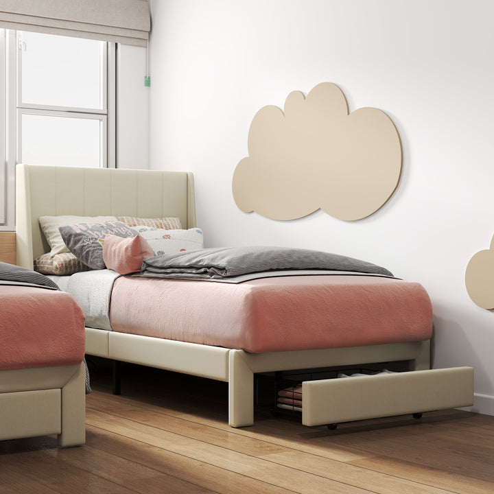 FurnitureR Twin Bed Frame, Small Upholstered Bed Twin Size, Fabric Headboard, Metal Platform, Wooden Slats Support, Upholstered Mattress, Beige