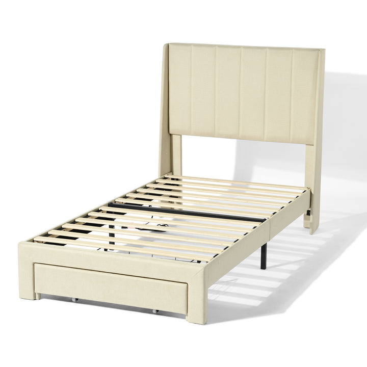FurnitureR Twin Bed Frame, Small Upholstered Bed Twin Size, Fabric Headboard, Metal Platform, Wooden Slats Support, Upholstered Mattress, Beige