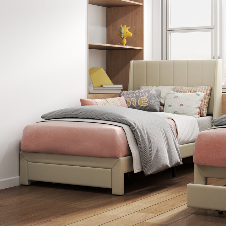 FurnitureR Twin Bed Frame, Small Upholstered Bed Twin Size, Fabric Headboard, Metal Platform, Wooden Slats Support, Upholstered Mattress, Beige