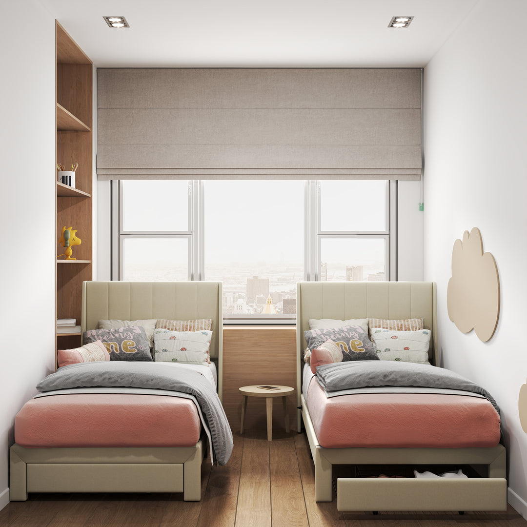 FurnitureR Twin Bed Frame, Small Upholstered Bed Twin Size, Fabric Headboard, Metal Platform, Wooden Slats Support, Upholstered Mattress, Beige