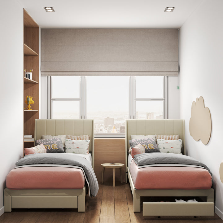 FurnitureR Twin Bed Frame, Small Upholstered Bed Twin Size, Fabric Headboard, Metal Platform, Wooden Slats Support, Upholstered Mattress, Beige