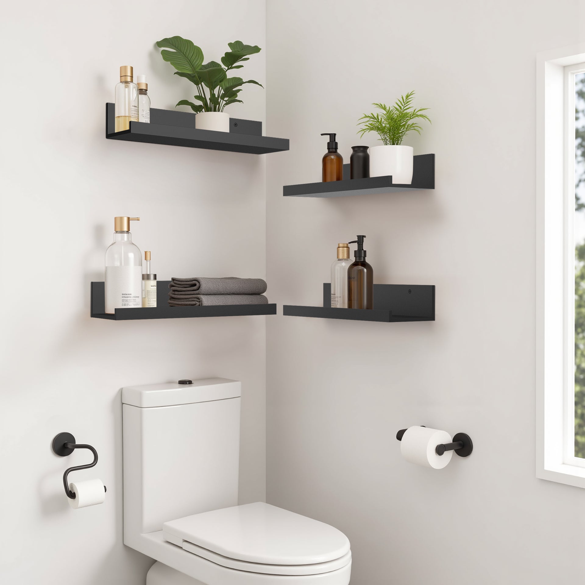 Étagères flottantes en bois FurnitureR, lot de 4, largeur 40 cm (15,75 pouces), style rustique, noires, à fixer au mur pour le salon.