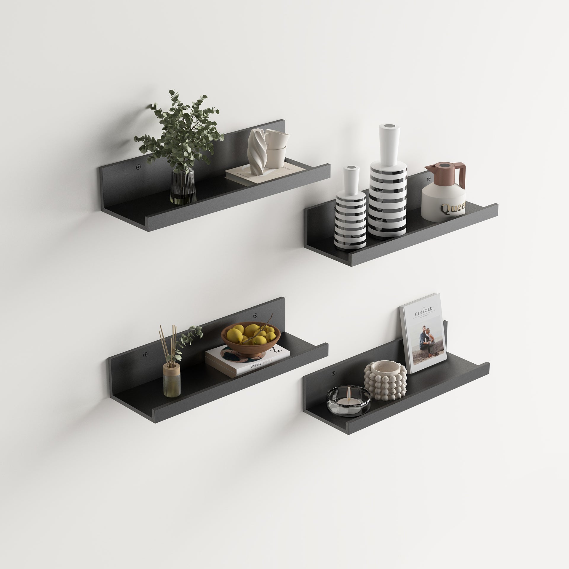 Étagères flottantes en bois FurnitureR, lot de 4, largeur 40 cm (15,75 pouces), style rustique, noires, à fixer au mur pour le salon.