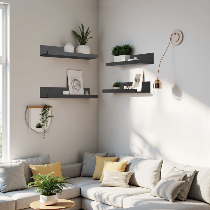 Étagères flottantes en bois FurnitureR, lot de 4, largeur 40 cm (15,75 pouces), style rustique, noires, à fixer au mur pour le salon.