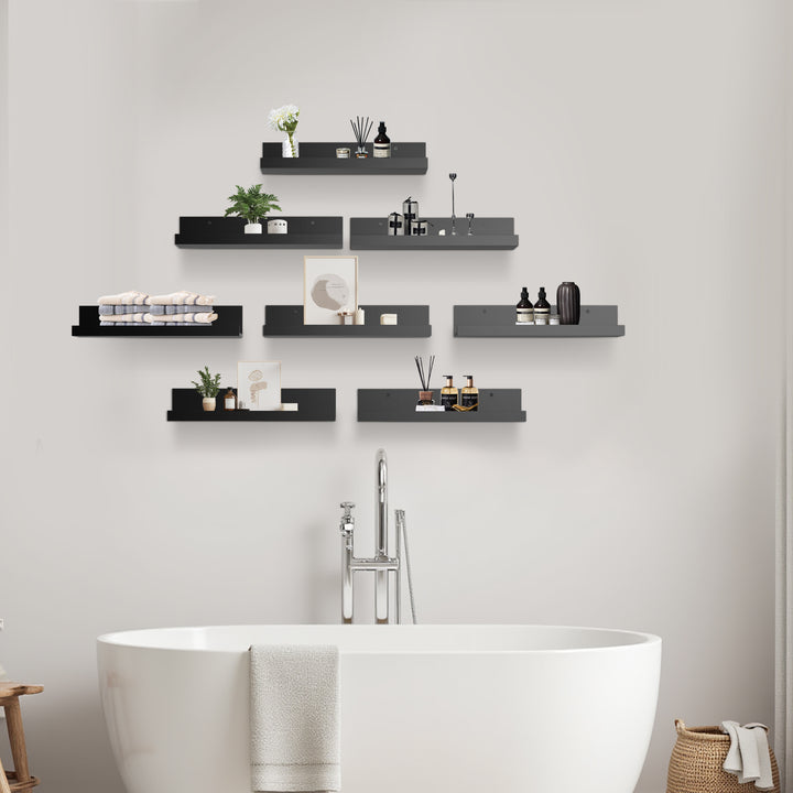 Ensemble de 8 étagères murales flottantes FurnitureR, étagères de rangement murales en bois de 40 cm de large, style moderne, pour salle de bain, noires.