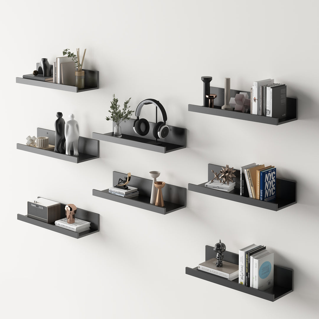 Ensemble de 8 étagères murales flottantes FurnitureR, étagères de rangement murales en bois de 40 cm de large, style moderne, pour salle de bain, noires.