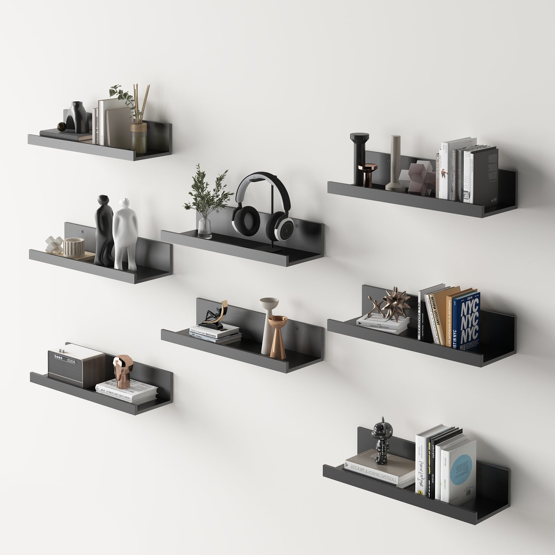 Ensemble de 8 étagères murales flottantes FurnitureR, étagères de rangement murales en bois de 40 cm de large, style moderne, pour salle de bain, noires.