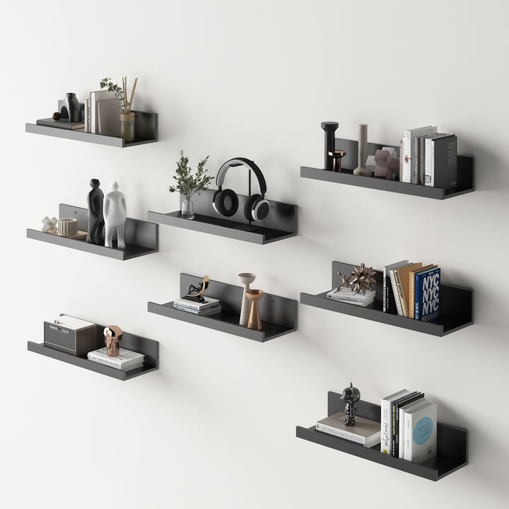 Ensemble de 8 étagères murales flottantes FurnitureR, étagères de rangement murales en bois de 40 cm de large, style moderne, pour salle de bain, noires.