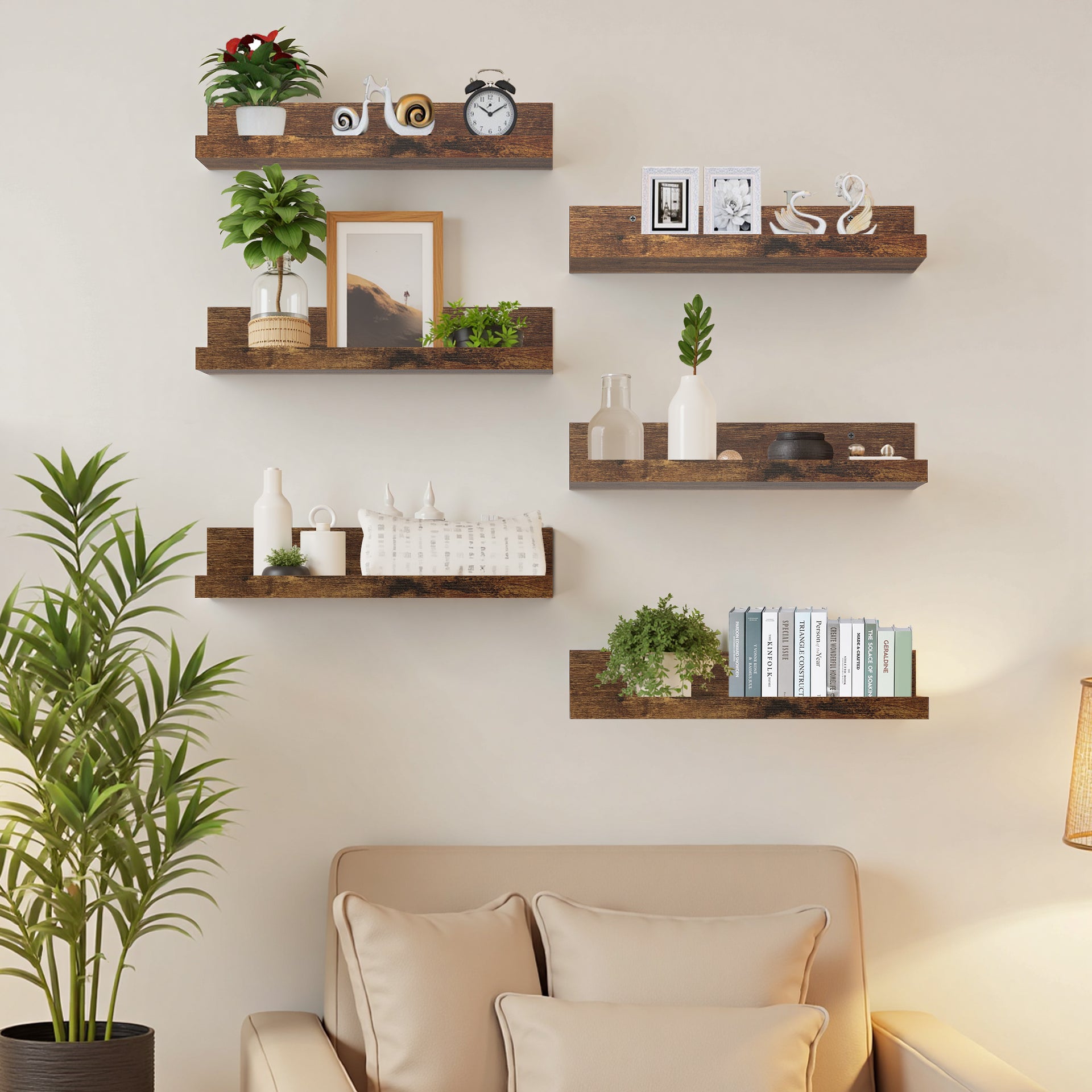 Ensemble de 6 étagères flottantes FurnitureR, étagères murales en bois de 40 cm de large pour le rangement et la décoration, couleur marron, idéales pour le salon.