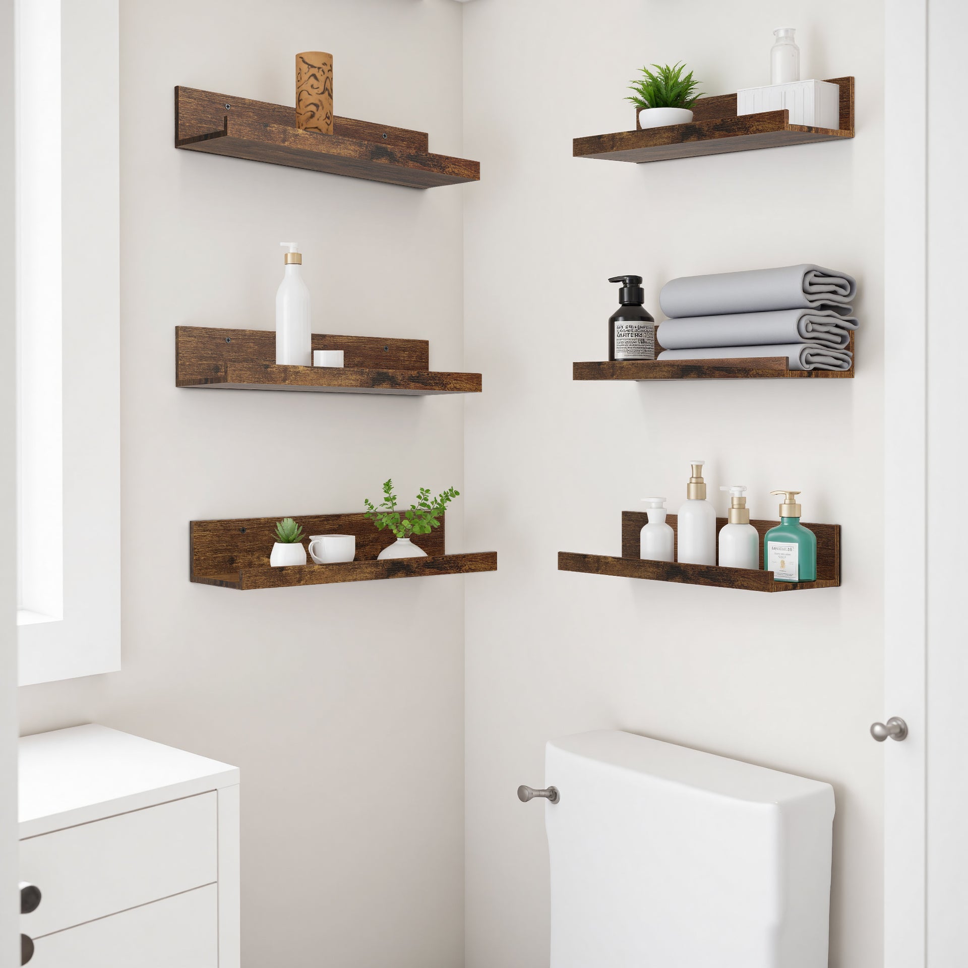 Ensemble de 6 étagères flottantes FurnitureR, étagères murales en bois de 40 cm de large pour le rangement et la décoration, couleur marron, idéales pour le salon.