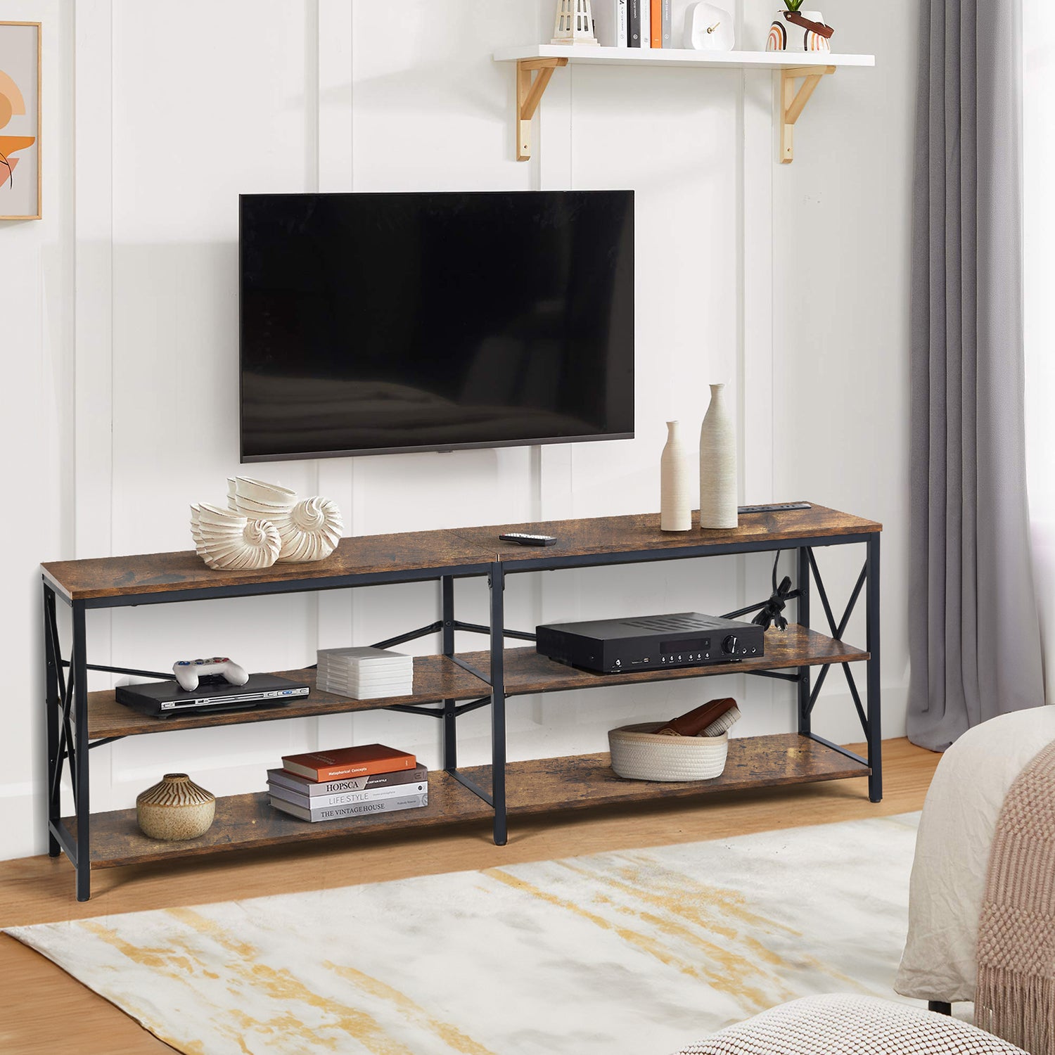 Meuble TV FurnitureR 63 pouces avec éclairage LED et station d'alimentation, centre multimédia avec étagères de rangement, ports USB et prises électriques, 70 pouces, marron