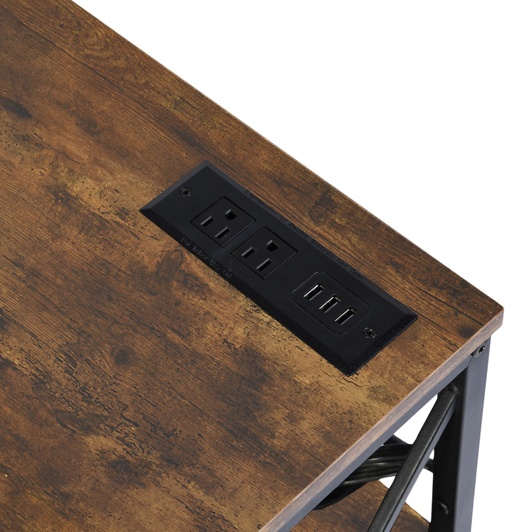 FurnitureR 63 Inch TV Stand with LED Lights and Power Station, Entertainment Center with Storage Shelves, USB Ports & Outlets, 70 Inch, Brown