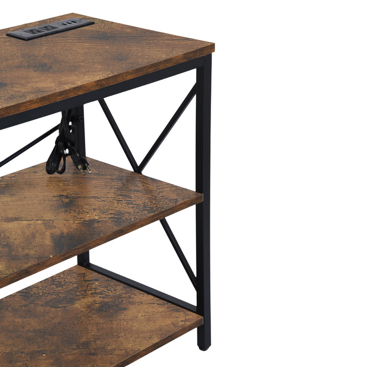 FurnitureR 63 Inch TV Stand with LED Lights and Power Station, Entertainment Center with Storage Shelves, USB Ports & Outlets, 70 Inch, Brown