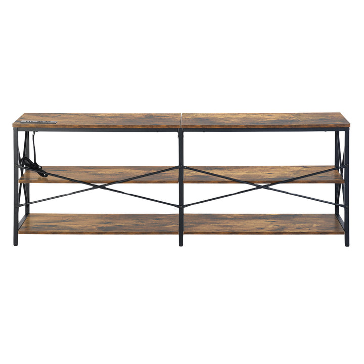 FurnitureR 63 Inch TV Stand with LED Lights and Power Station, Entertainment Center with Storage Shelves, USB Ports & Outlets, 70 Inch, Brown