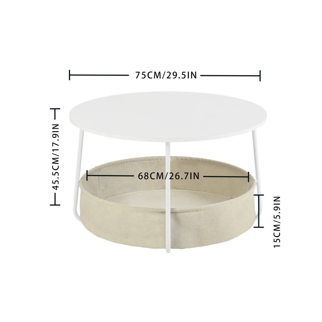 FurnitureR runder Couchtisch mit zwei Ebenen und Stoffkorb, moderner Beistelltisch (75 cm Durchmesser) für Wohnzimmer, Schlafzimmer oder Büro, Weiß/Camel